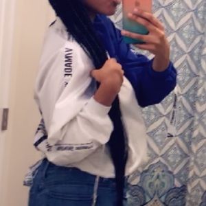 Half and half blue and white bomber jacket